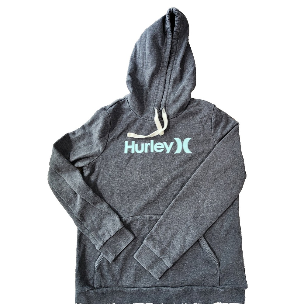 Hurley Mens Logo Graphic Pullover‎ Hoodie Charcoal Gray Blue Logo Large